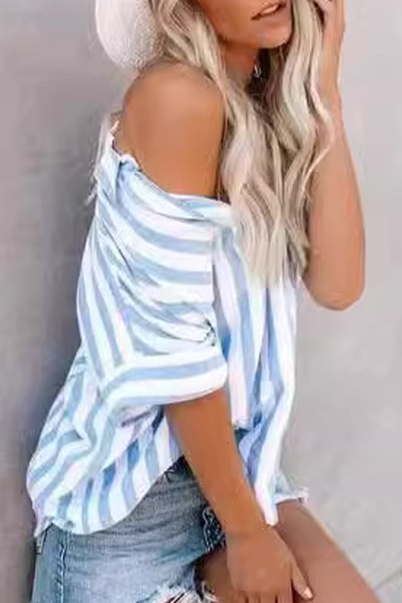 Casual Striped Patchwork Turndown Collar Tops - Fashionpara