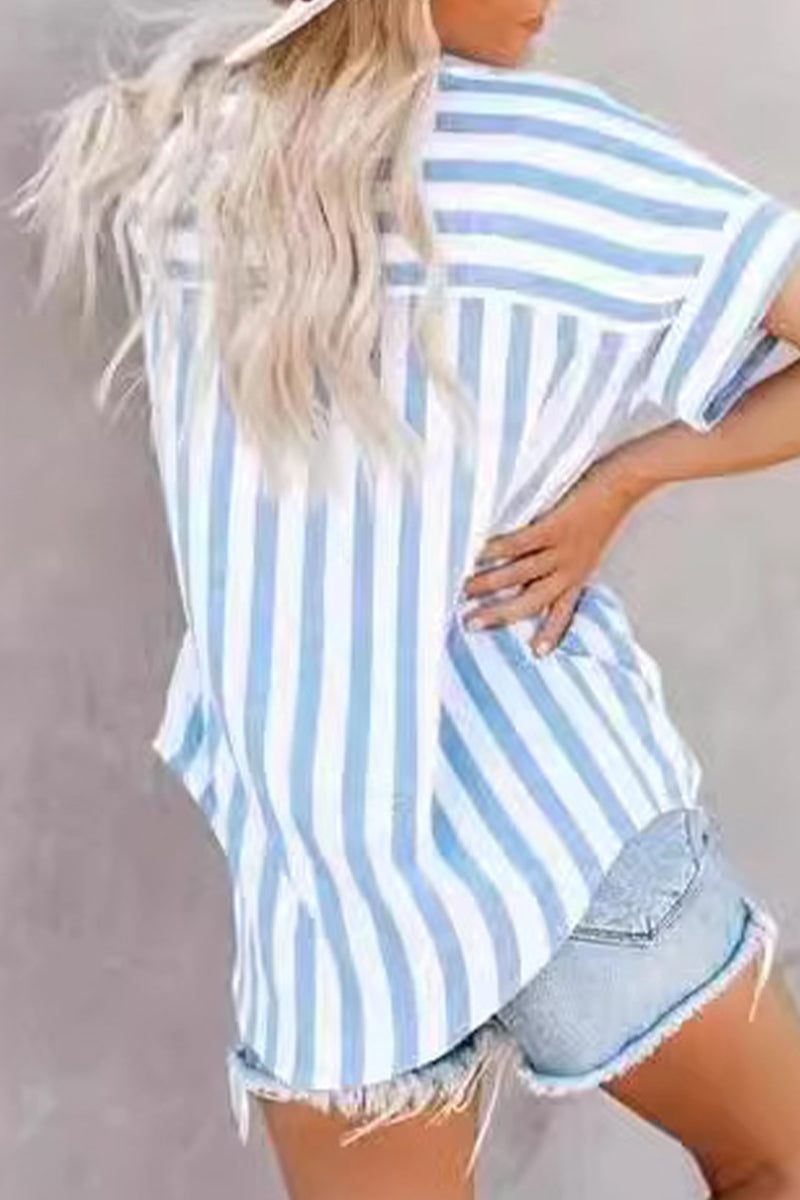 Casual Striped Patchwork Turndown Collar Tops - Fashionpara