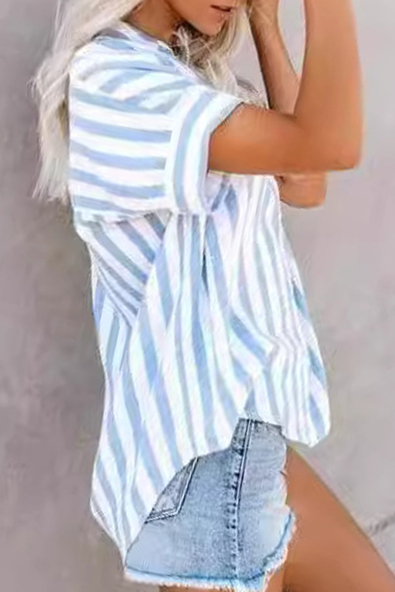 Casual Striped Patchwork Turndown Collar Tops - Fashionpara
