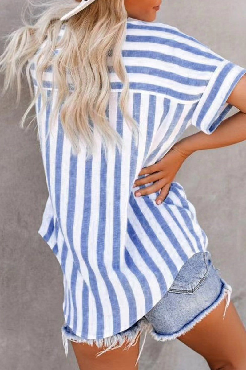 Casual Striped Patchwork Turndown Collar Tops - Fashionpara
