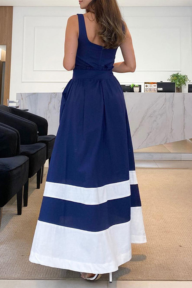 Casual Striped Patchwork Square Collar Sling Dresses - Fashionpara