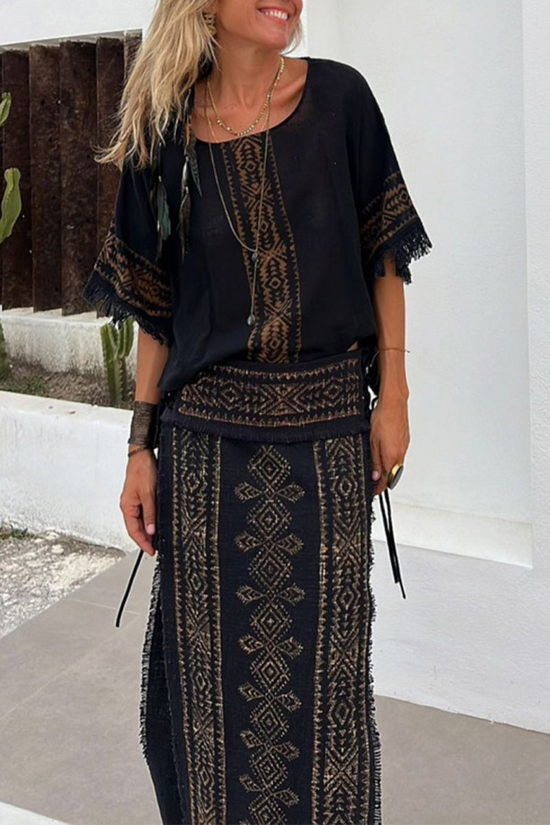 Casual Vintage National Totem Print Tassel Slit O Neck Half Sleeve Two Pieces - Fashionpara