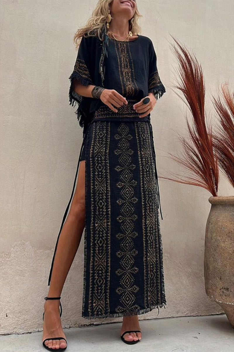 Casual Vintage National Totem Print Tassel Slit O Neck Half Sleeve Two Pieces - Fashionpara