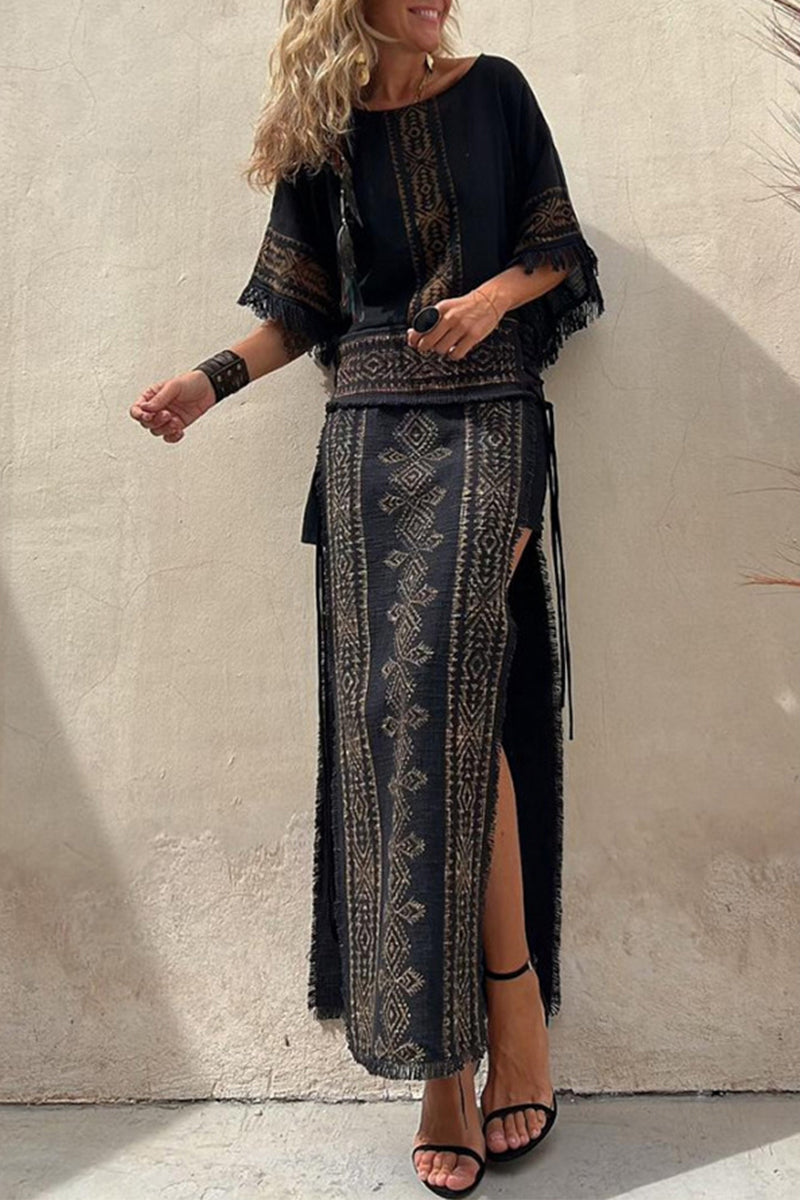 Casual Vintage National Totem Print Tassel Slit O Neck Half Sleeve Two Pieces - Fashionpara