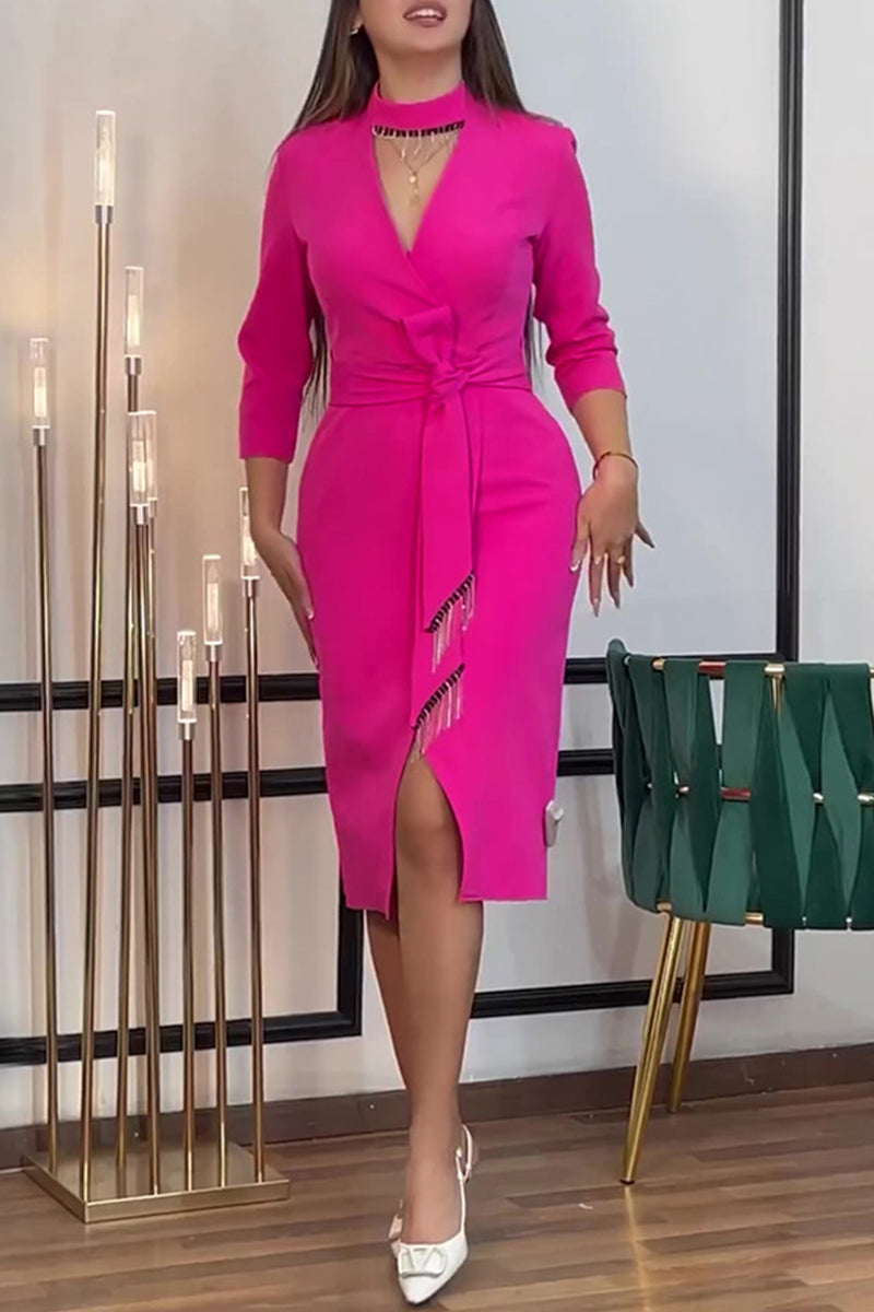 Elegant Solid Tassel Hollowed Out Slit Half A Turtleneck Irregular Dresses - Fashionpara