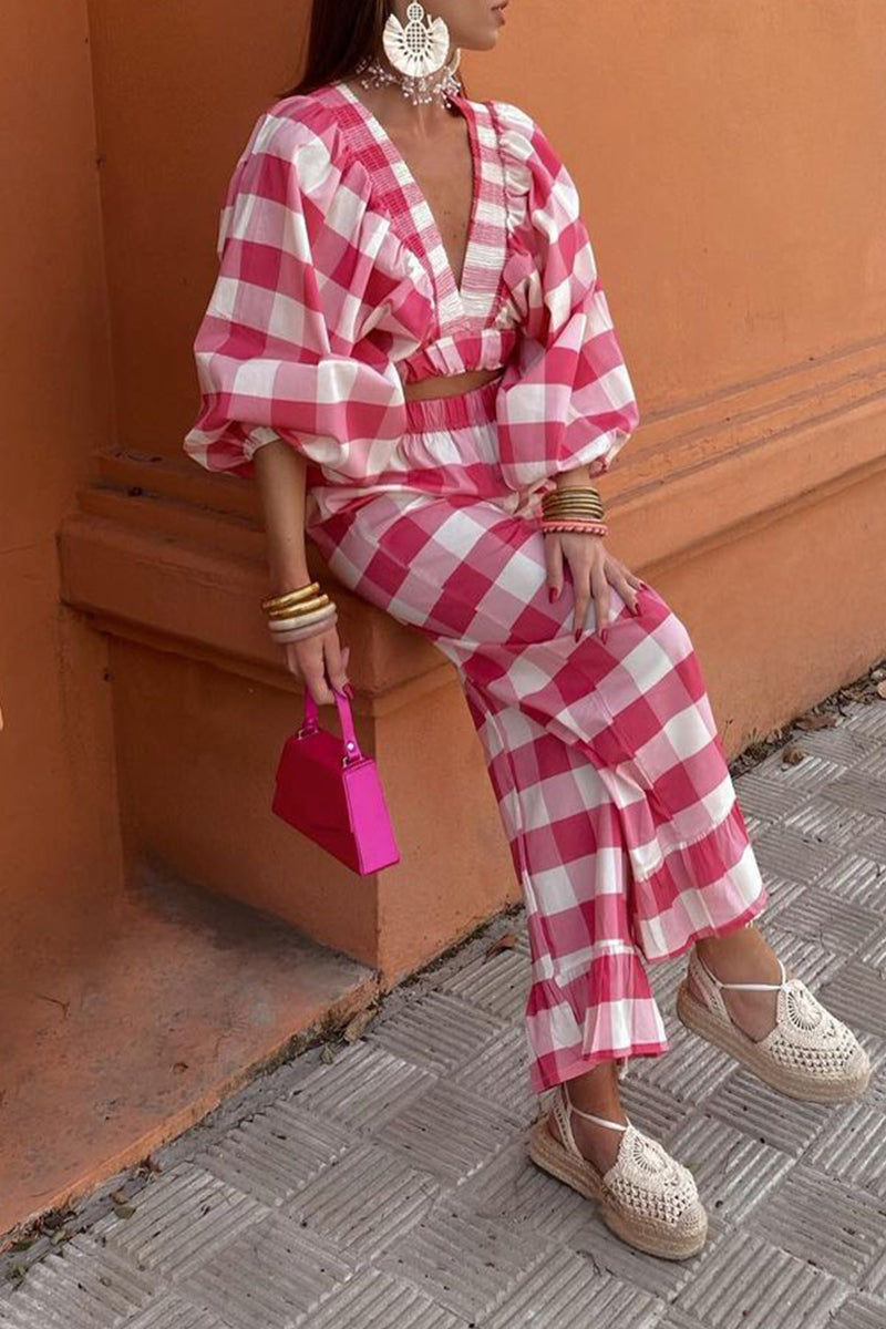 Casual Sweet Plaid Fold Contrast V Neck Long Sleeve Two Pieces - Fashionpara