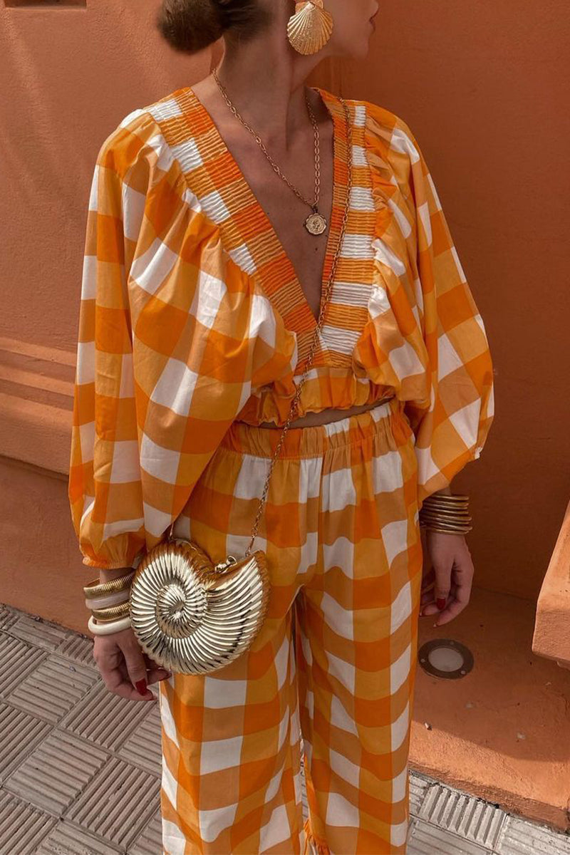 Casual Sweet Plaid Fold Contrast V Neck Long Sleeve Two Pieces - Fashionpara