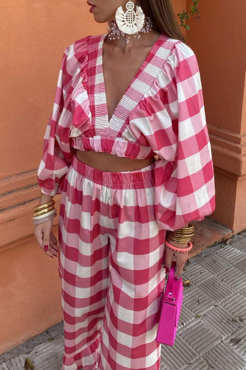 Casual Sweet Plaid Fold Contrast V Neck Long Sleeve Two Pieces - Fashionpara