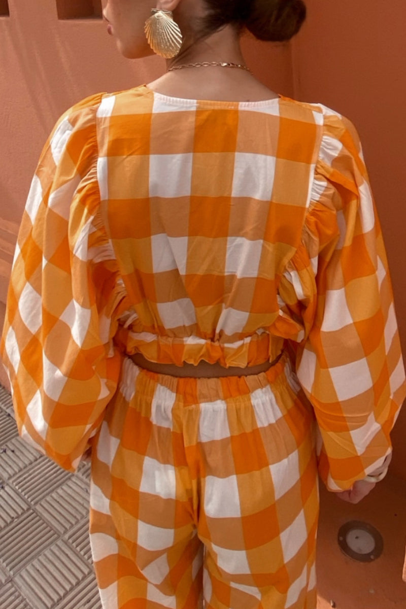 Casual Sweet Plaid Fold Contrast V Neck Long Sleeve Two Pieces - Fashionpara