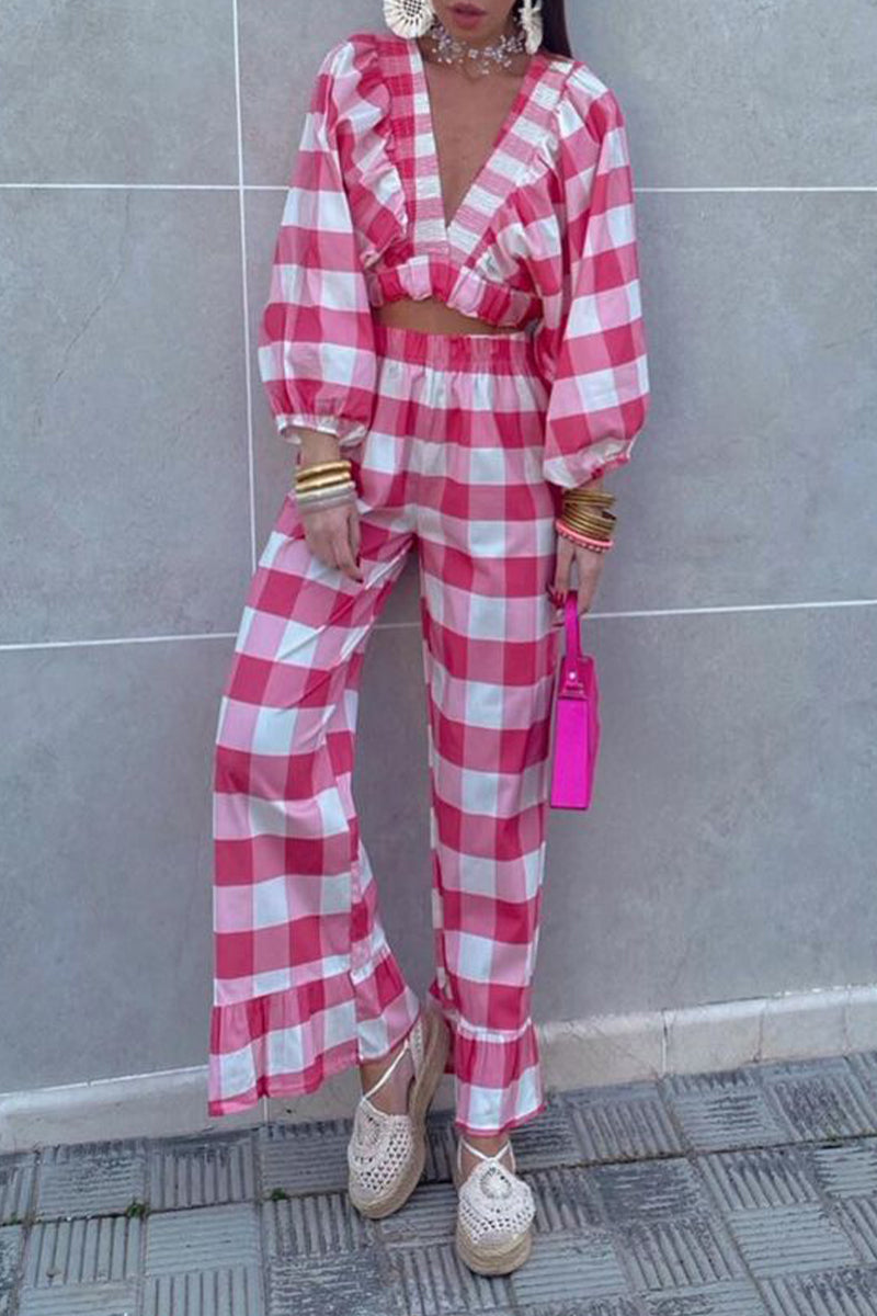 Casual Sweet Plaid Fold Contrast V Neck Long Sleeve Two Pieces - Fashionpara