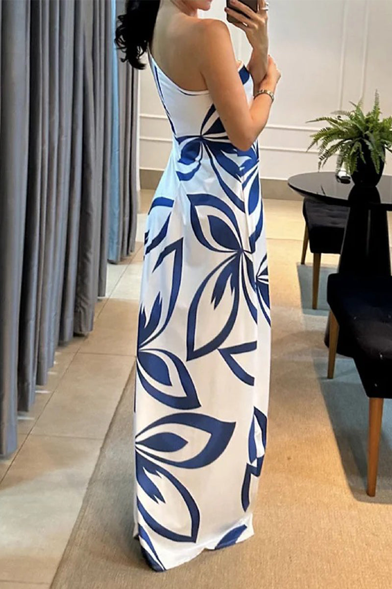 Sexy Geometric Print Metal Accessories Decoration Oblique Collar Printed Dresses - Fashionpara