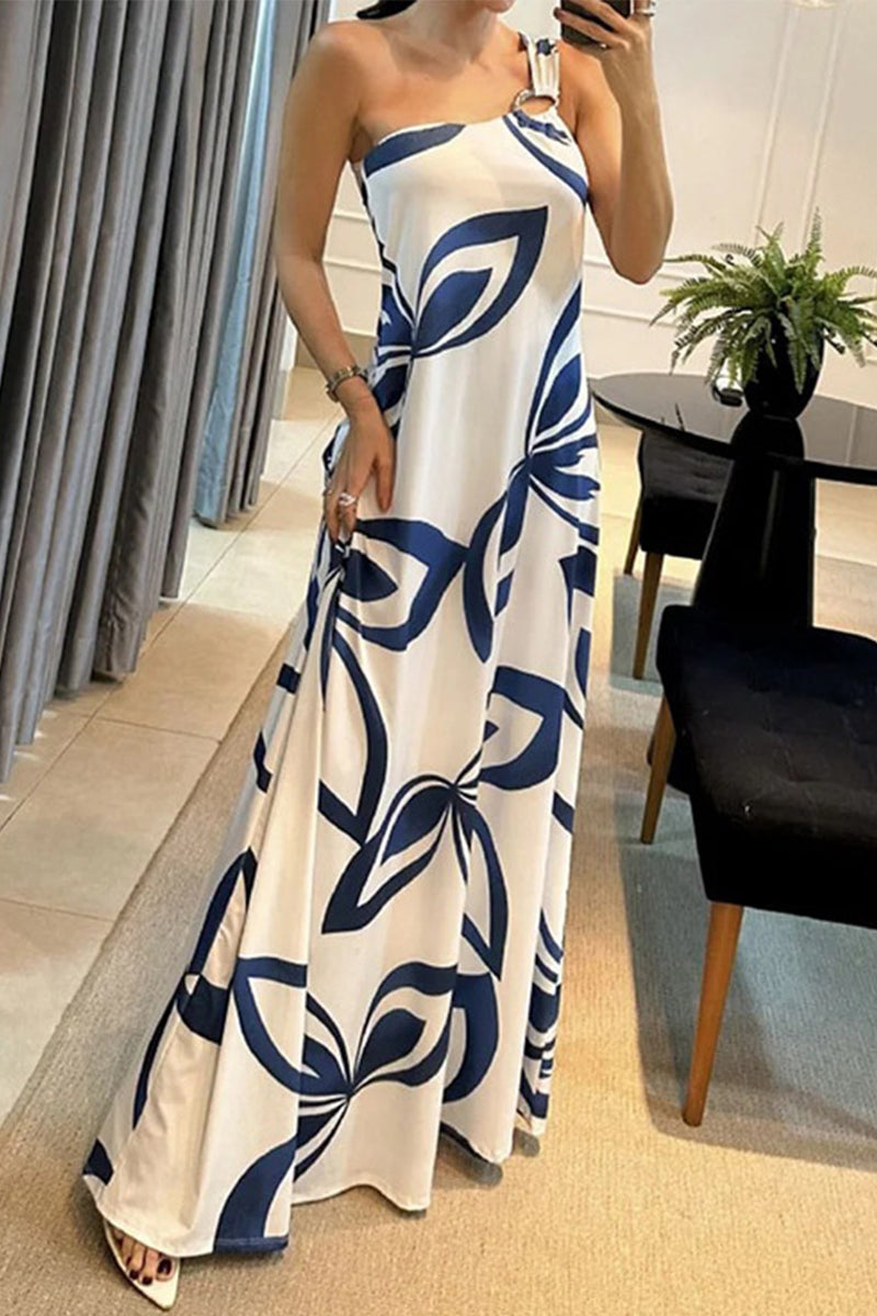 Sexy Geometric Print Metal Accessories Decoration Oblique Collar Printed Dresses - Fashionpara