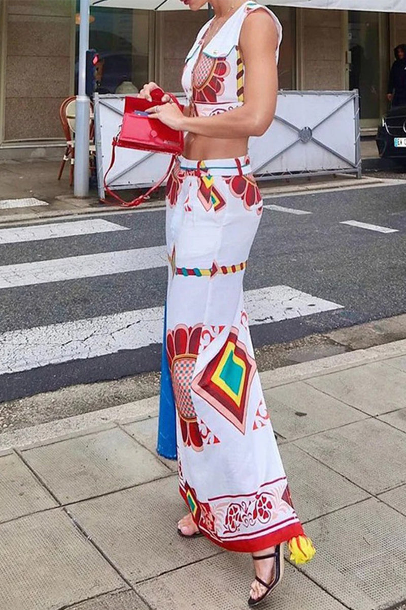 Sexy Vintage Geometric Print Patchwork V Neck Sleeveless Two Pieces Fashionpara