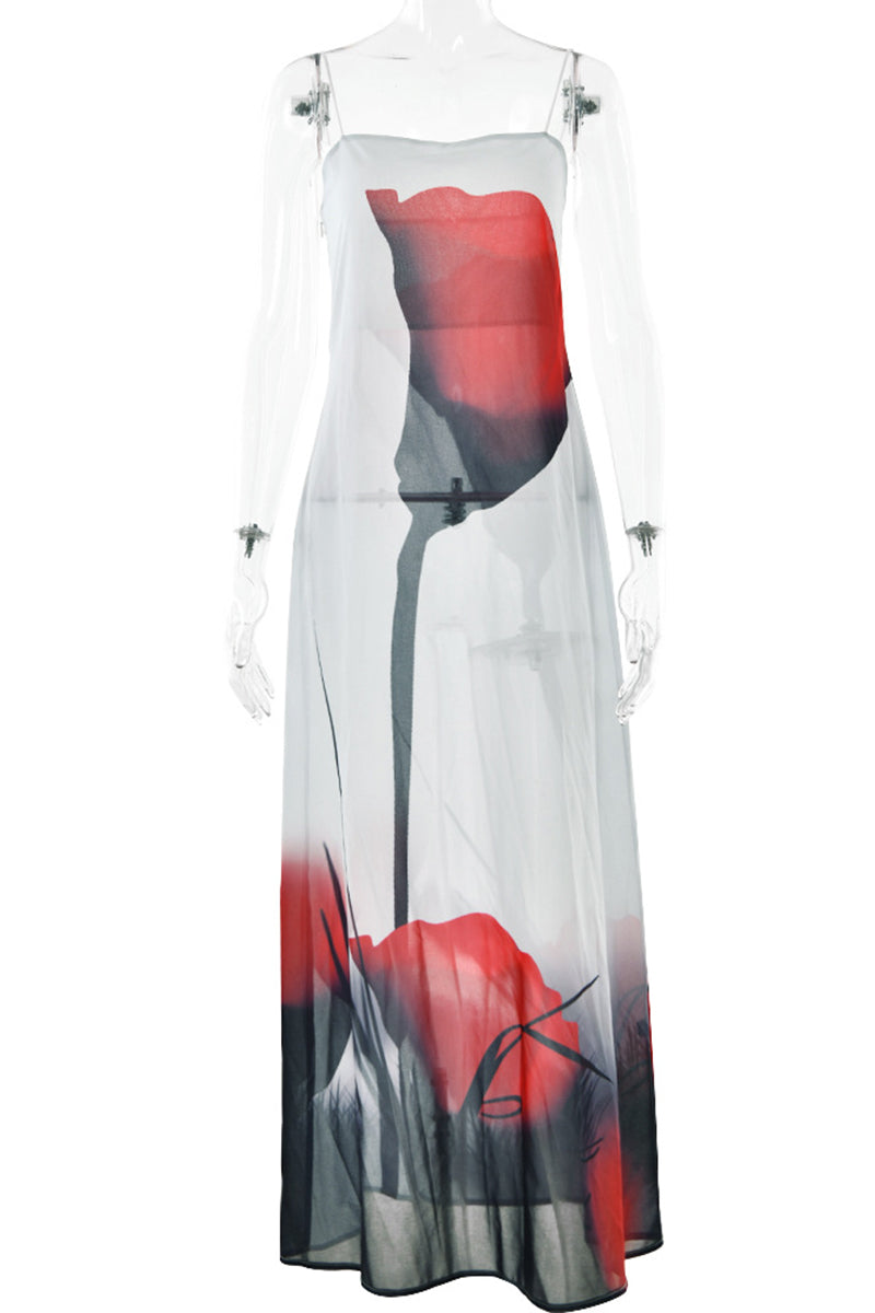 Sexy Print Flowers See-through Sling Dresses Fashionpara