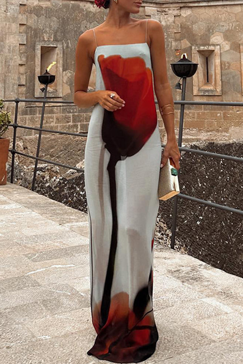 Sexy Print Flowers See-through Sling Dresses Fashionpara