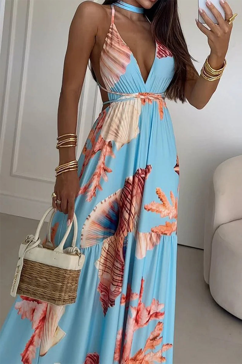 Sexy Vacation Print Frenulum Backless Halter Printed Dresses - Fashionpara
