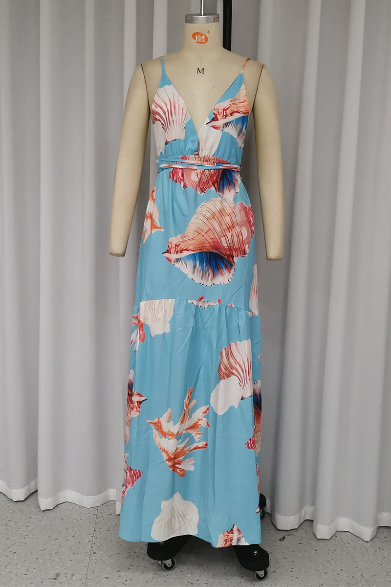 Sexy Vacation Print Frenulum Backless Halter Printed Dresses - Fashionpara