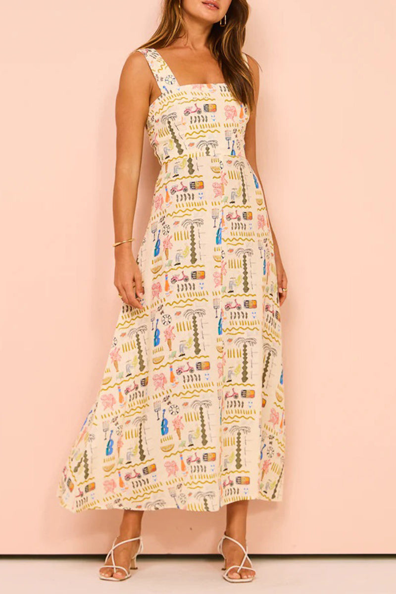 Casual Character Print Patchwork Square Collar Printed Dresses Fashionpara