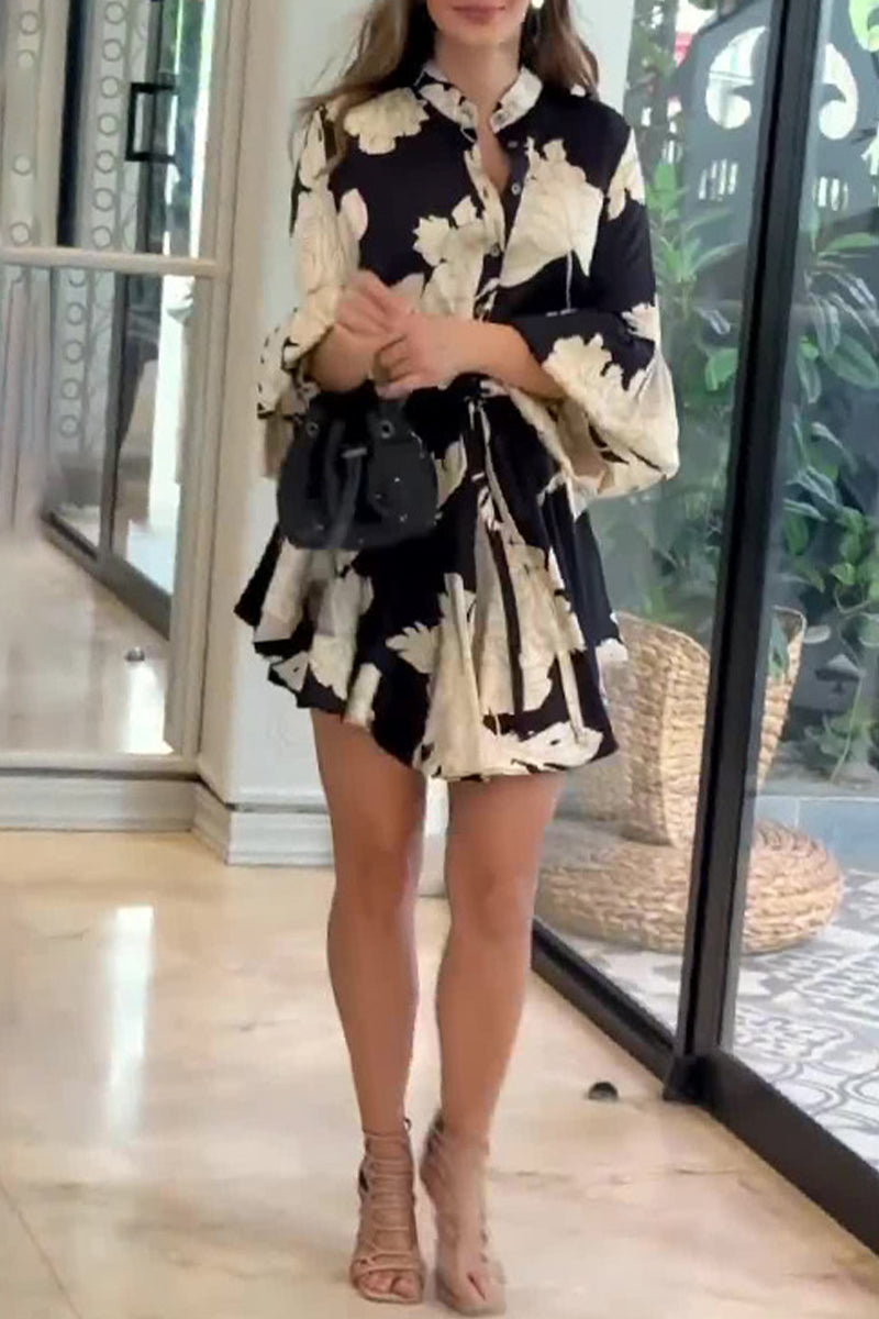 Vintage Elegant Floral Frenulum Mandarin Collar A Line Dresses - Fashionpara