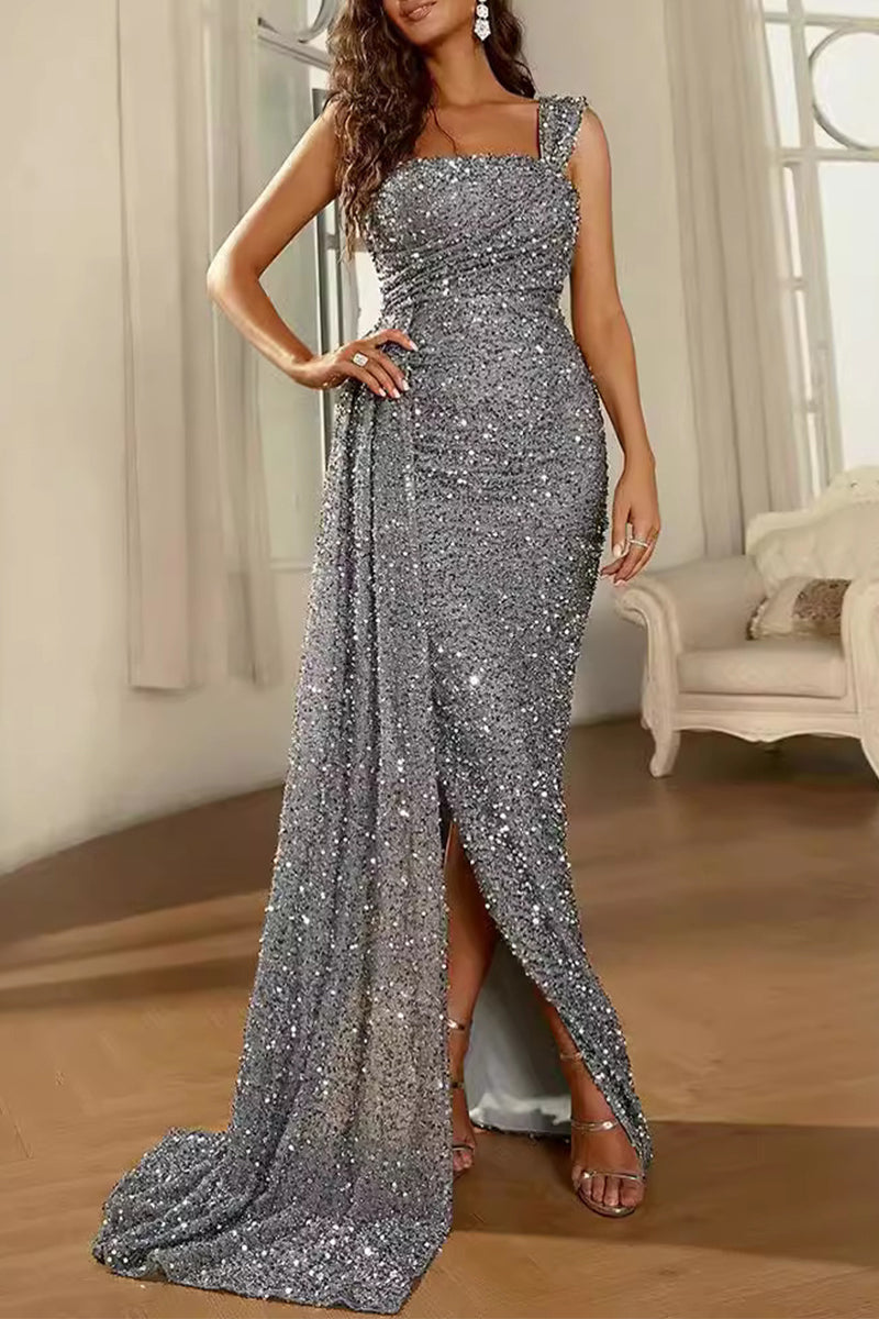 Sexy Formal Solid Sequins Slit Square Collar Evening Dresses - Fashionpara