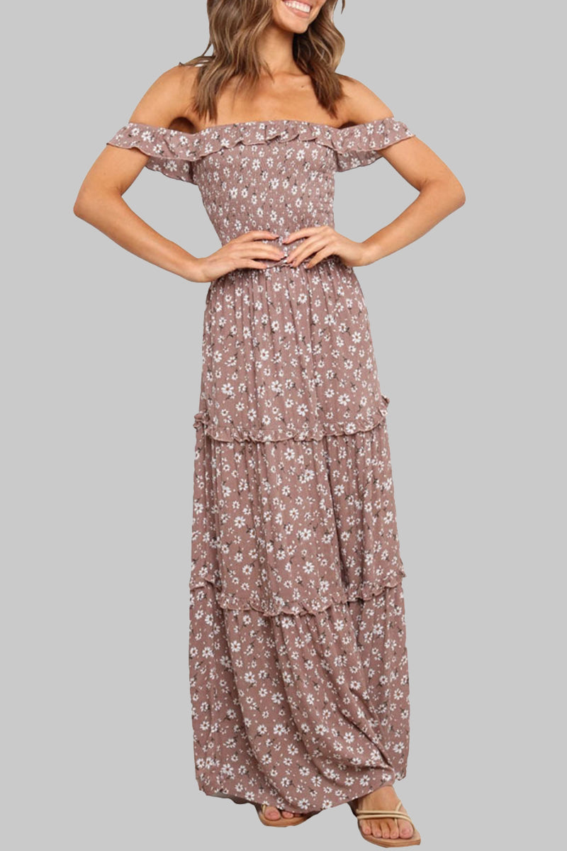 Sweet Elegant Print Flowers Fold Stringy Selvedge Off the Shoulder A Line Dresses(5 Colors)