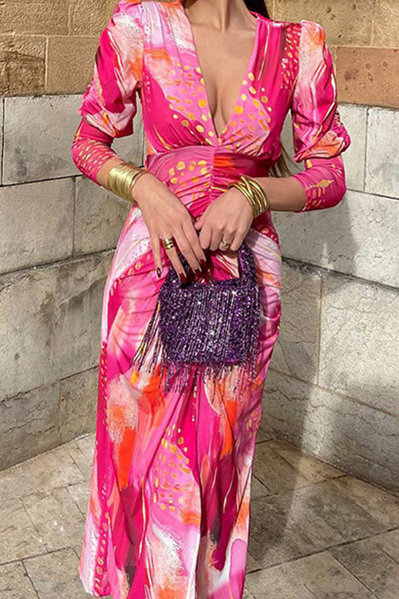 Elegant Gradient Print Fold V Neck Printed Dresses - Fashionpara