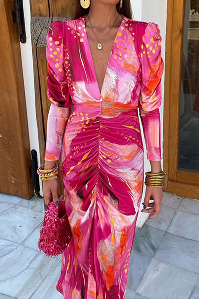 Elegant Gradient Print Fold V Neck Printed Dresses - Fashionpara