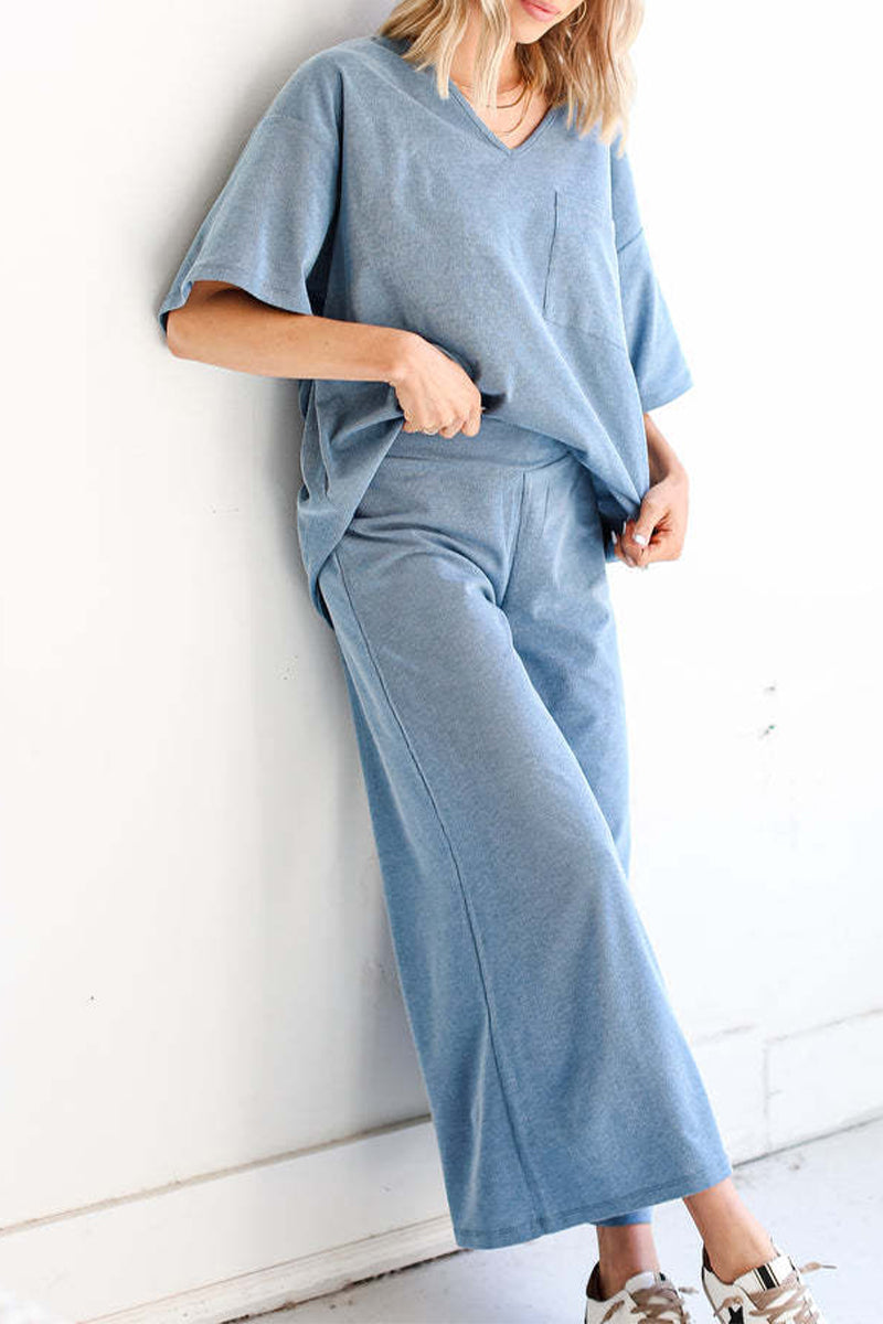 Casual Simplicity Solid Pocket V Neck Short Sleeve Two Pieces(4 Colors)