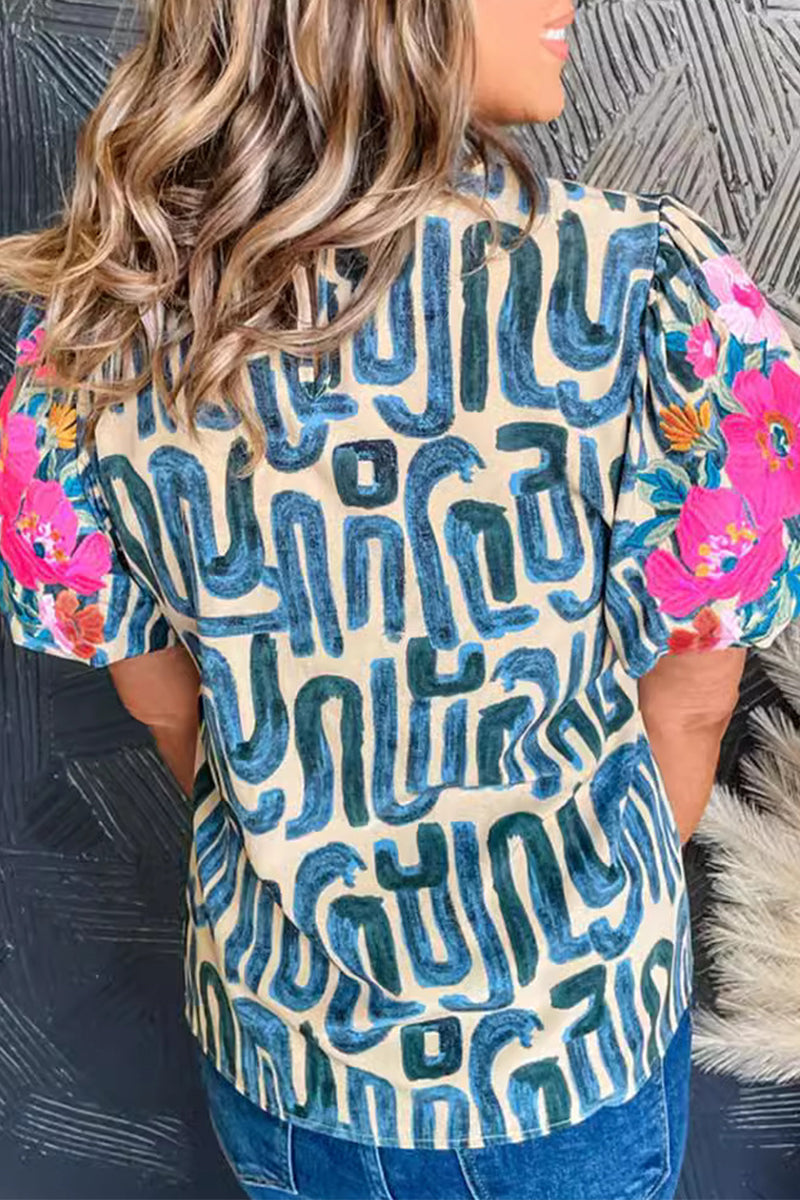 Casual Geometric Print Flowers Contrast Lotus Leaf Collar T-Shirts - Fashionpara