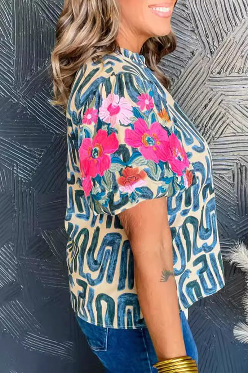 Casual Geometric Print Flowers Contrast Lotus Leaf Collar T-Shirts - Fashionpara