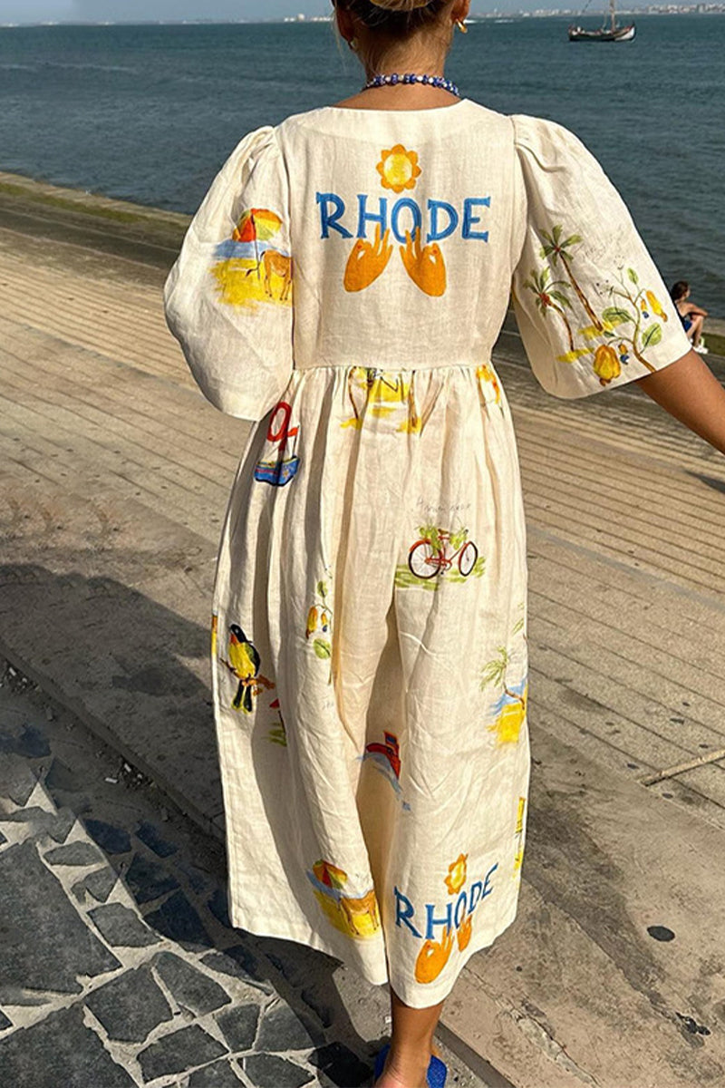 Casual Character Print Buttons V Neck A Line Dresses Fashionpara