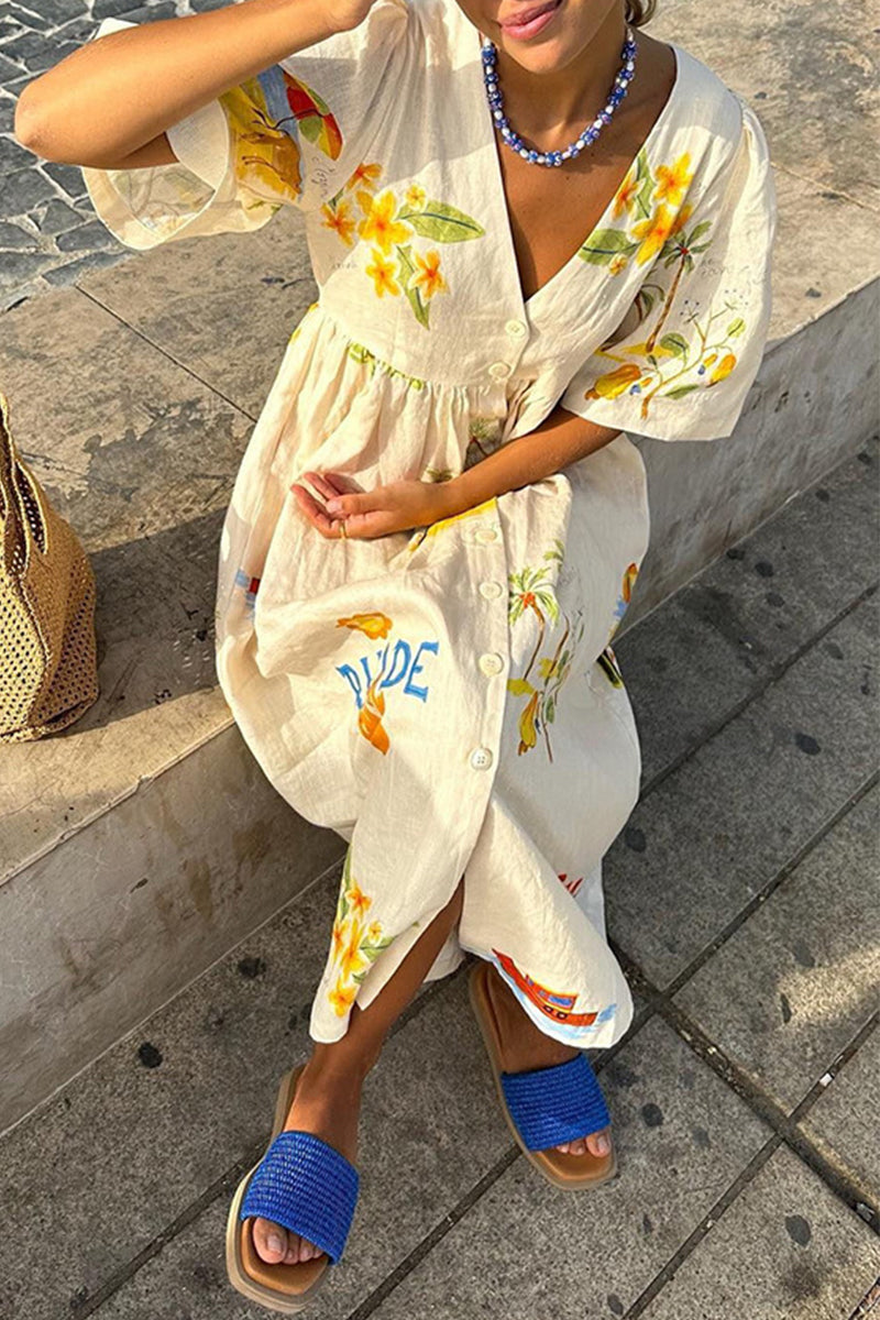 Casual Character Print Buttons V Neck A Line Dresses Fashionpara