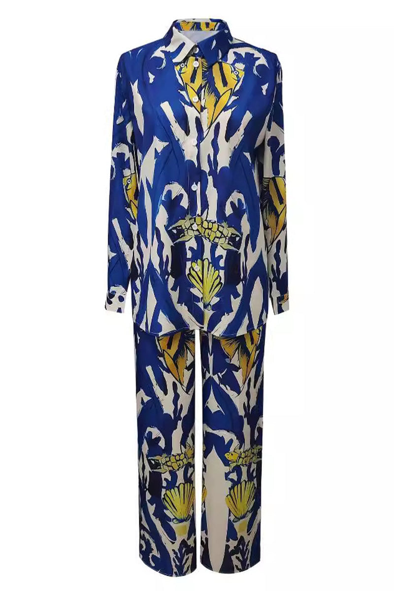 Casual Geometric Not Positioning Printed Pocket Turndown Collar Long Sleeve Two Pieces