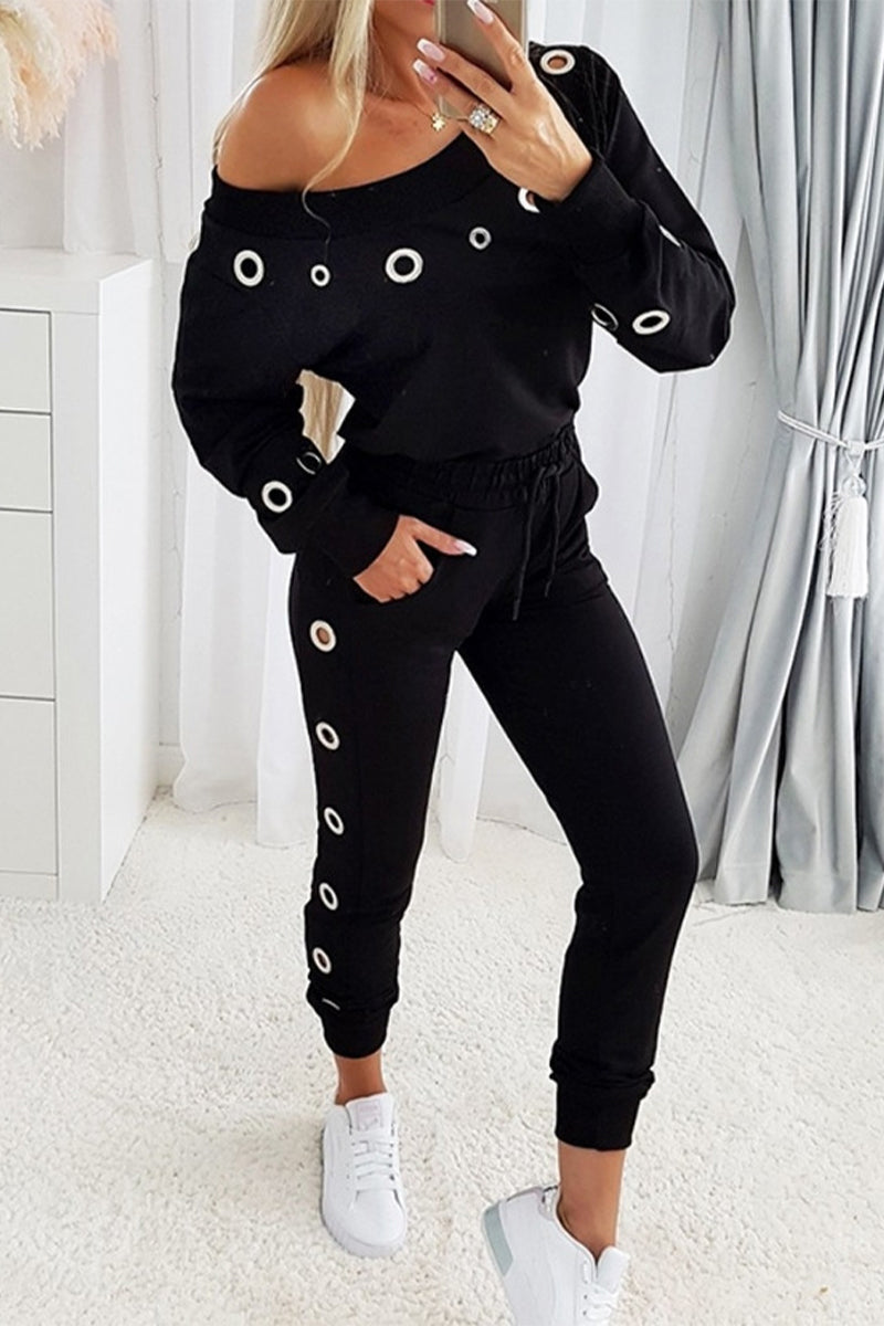 Casual Solid Pocket Metal Accessories Decoration Oblique Collar Long Sleeve Two Pieces - Fashionpara