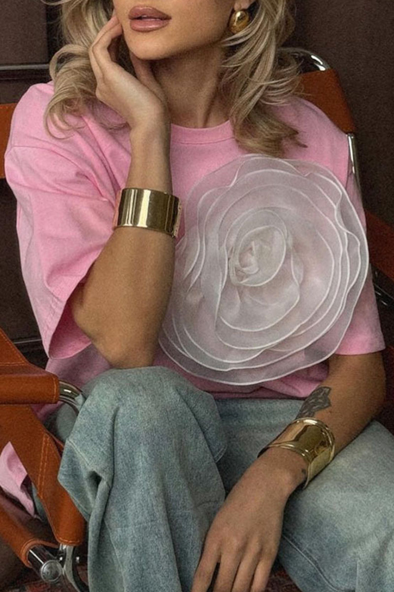 Casual Sweet Solid Flowers O Neck T-Shirts(4 Colors) - Fashionpara