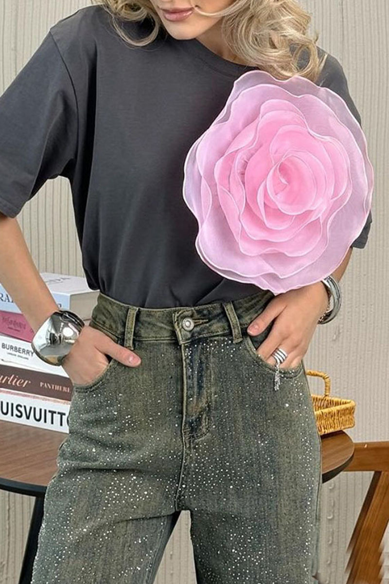 Casual Sweet Solid Flowers O Neck T-Shirts(4 Colors) - Fashionpara