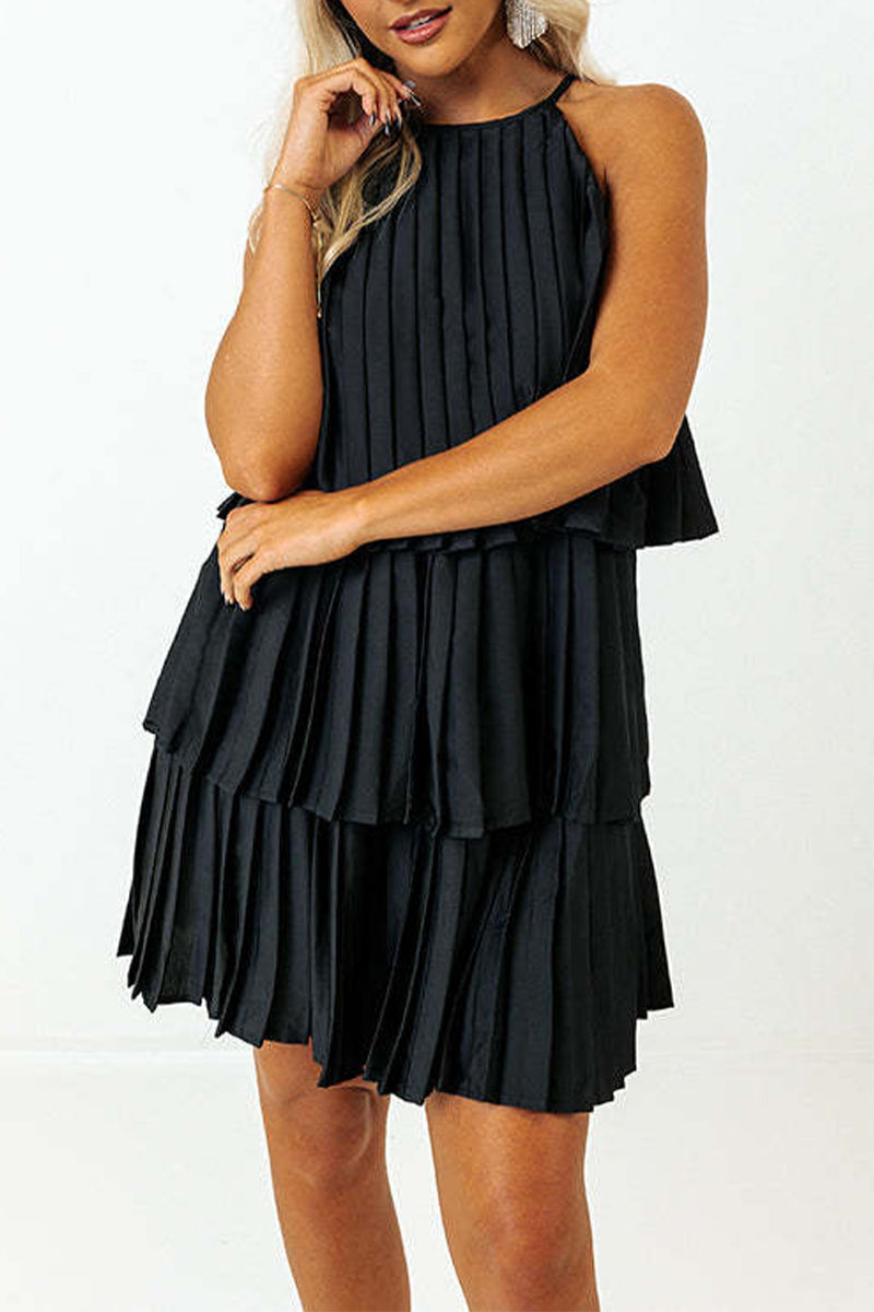 Casual Solid Fold Pleated Halter Pleated Dresses(4 Colors) - Fashionpara