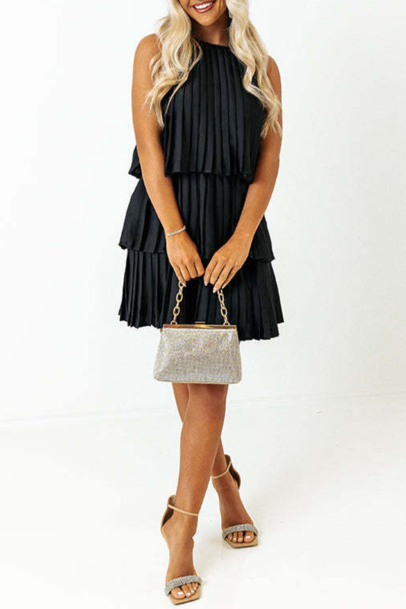 Casual Solid Fold Pleated Halter Pleated Dresses(4 Colors) - Fashionpara