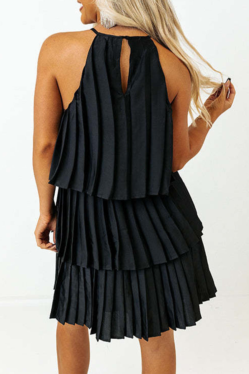 Casual Solid Fold Pleated Halter Pleated Dresses(4 Colors) - Fashionpara
