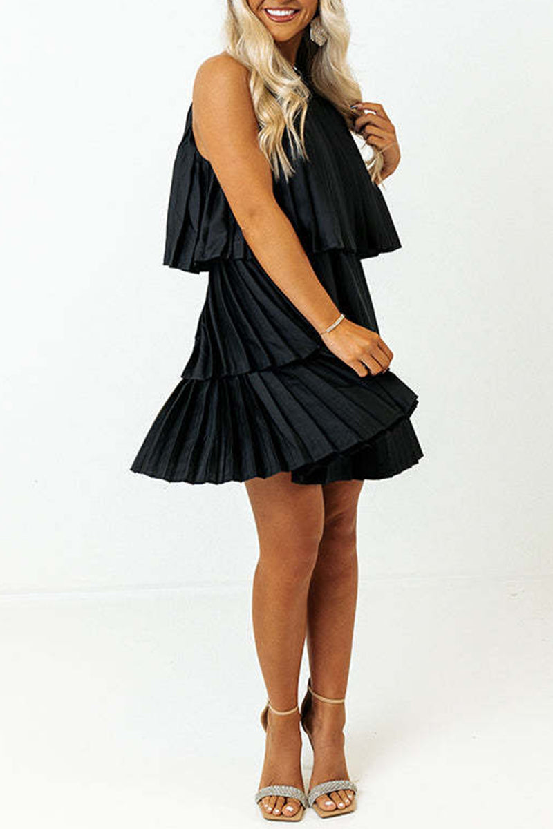 Casual Solid Fold Pleated Halter Pleated Dresses(4 Colors) - Fashionpara