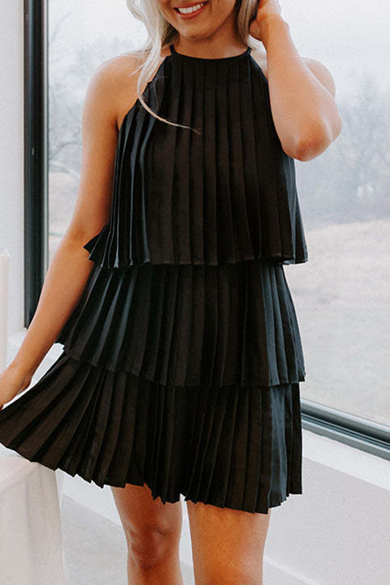 Casual Solid Fold Pleated Halter Pleated Dresses(4 Colors) - Fashionpara