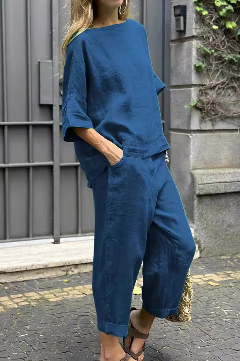 Casual Solid Pocket O Neck Three Quarter Two Pieces(8 Colors) - Fashionpara