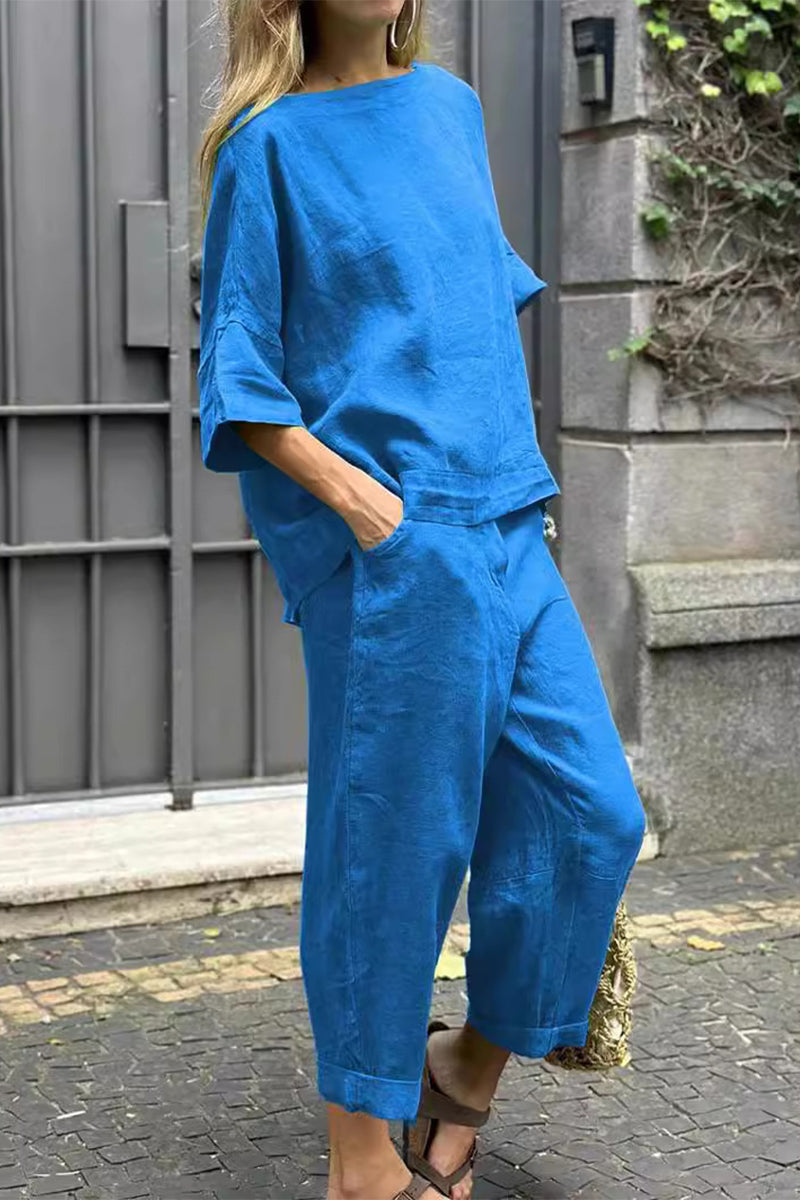 Casual Solid Pocket O Neck Three Quarter Two Pieces(8 Colors) - Fashionpara