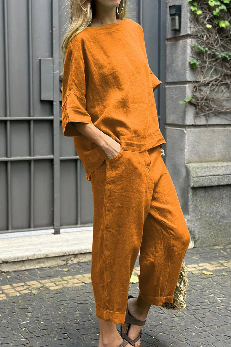 Casual Solid Pocket O Neck Three Quarter Two Pieces(8 Colors) - Fashionpara