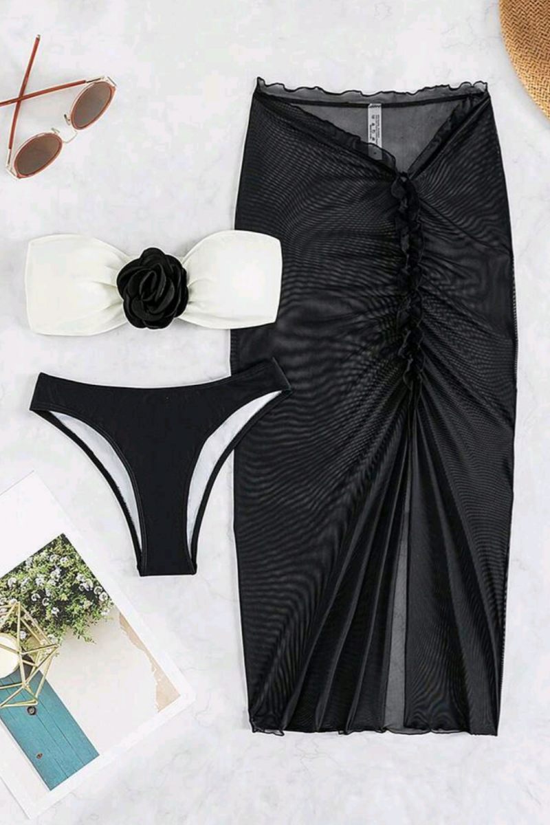 Sexy Patchwork Flowers Backless Swimsuit Three Piece Set (With Paddings) - Fashionpara