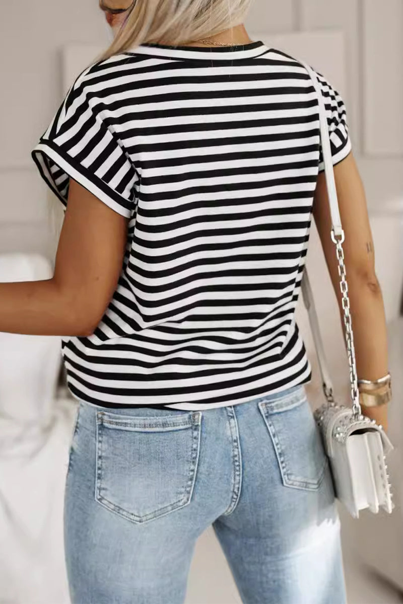 Casual Striped Patchwork V Neck T-Shirts - Fashionpara