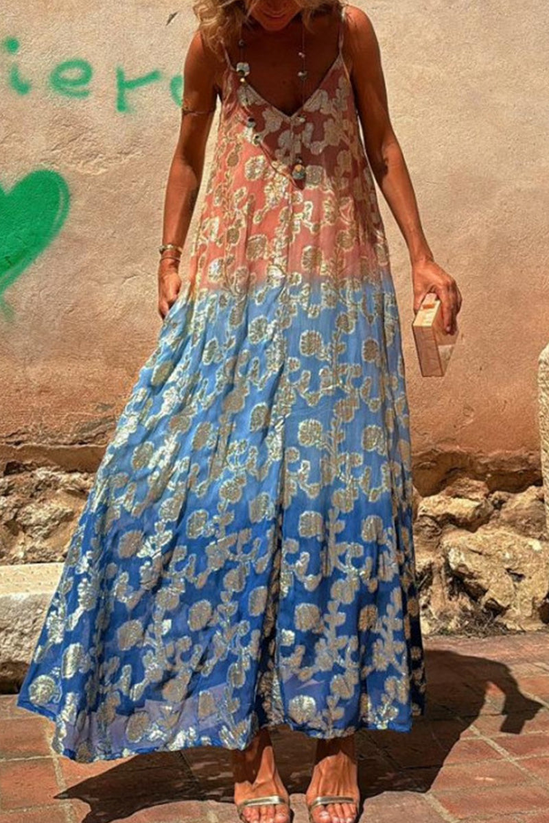 Sexy Gradient Print Contrast V Neck Sling Dresses