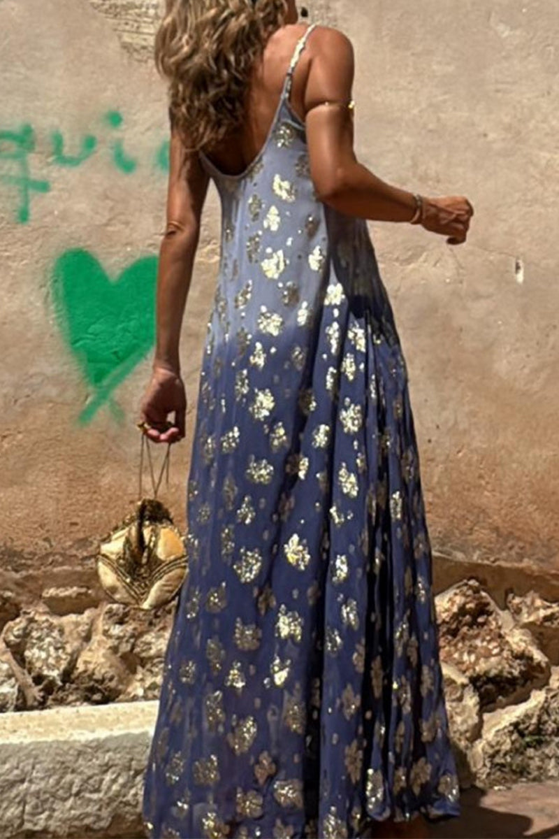 Sexy Gradient Print Contrast V Neck Sling Dresses