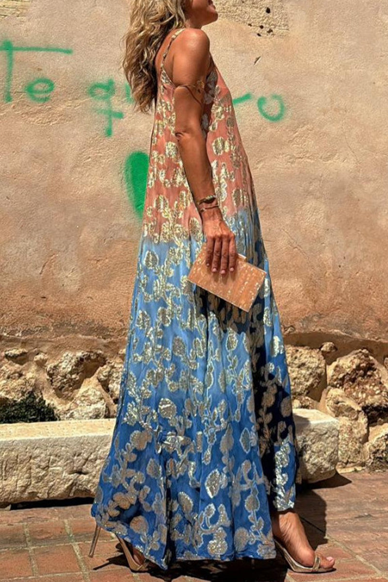 Sexy Gradient Print Contrast V Neck Sling Dresses