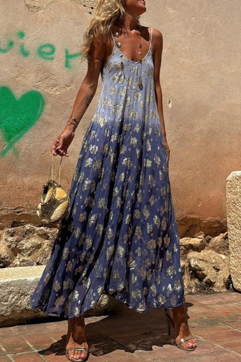 Sexy Gradient Print Contrast V Neck Sling Dresses